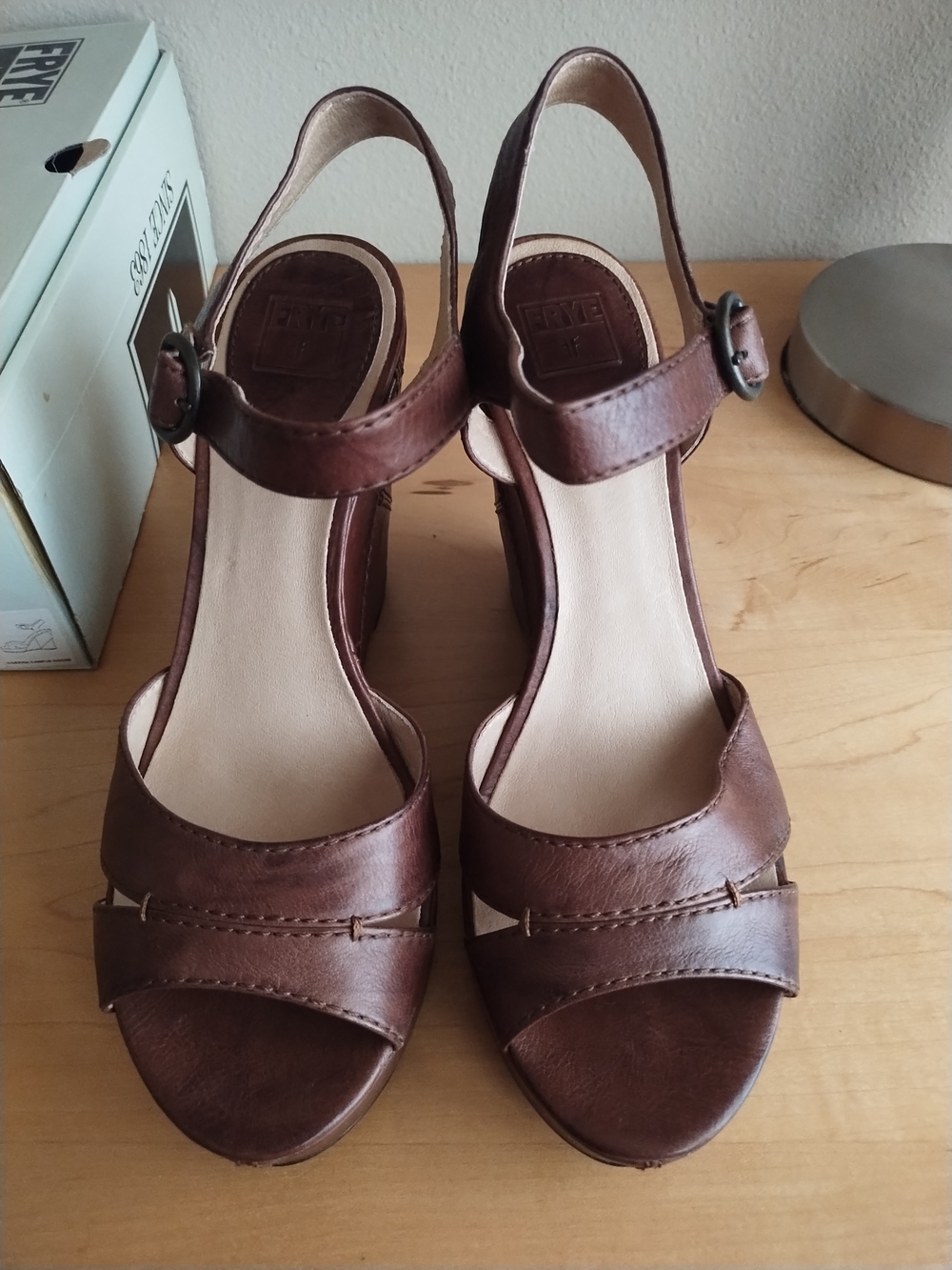 Frye Corrina Campus Wedge Brown Leather Open-Toe Heels